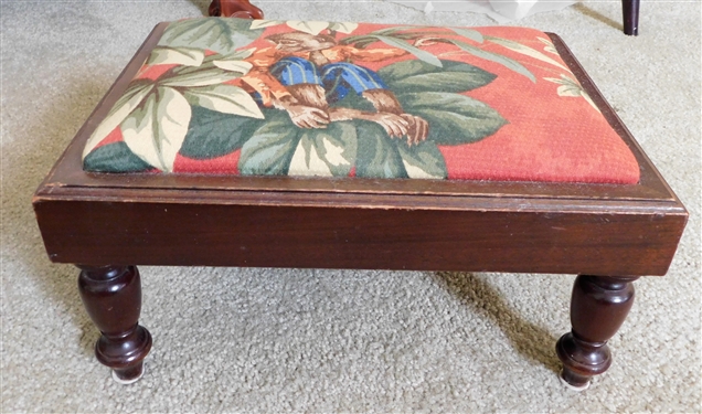Small Wood Foot Stool with Monkey Upholstery 6 tall 12 by 10