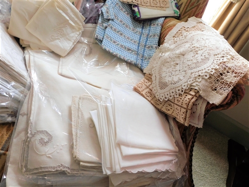 Lot of Fine Linens including Napkins, Table Cloths, Lace, Dollies, Etc. 
