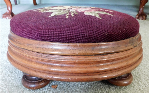 Oval Walnut Needlepoint Stool - Bun Feet - 5 tall 12 by 10