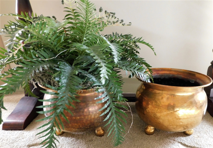 Pair of Hammered Brass Footed Planters - 8" tall 10" across