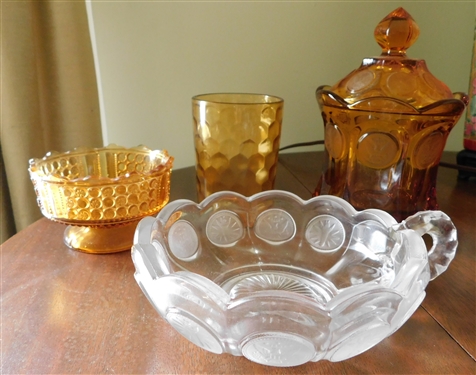 Lot of Glassware including Fostoria Coin Nappy, 6 Amber Candy Jar with Lid, Glass, and Other 