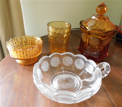 Lot of Glassware including Fostoria Coin Nappy, 6 Amber Candy Jar with Lid, Glass, and Other 