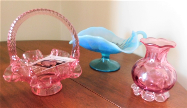 Miniature Fenton Glass Basket 5 1/2 tall, Blue Opalescent Bowl, and Small Cranberry Vase