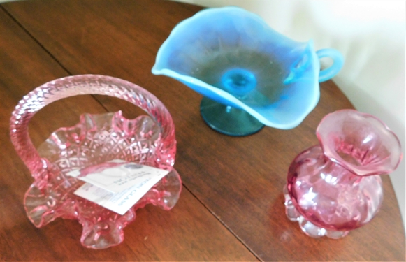 Miniature Fenton Glass Basket 5 1/2 tall, Blue Opalescent Bowl, and Small Cranberry Vase