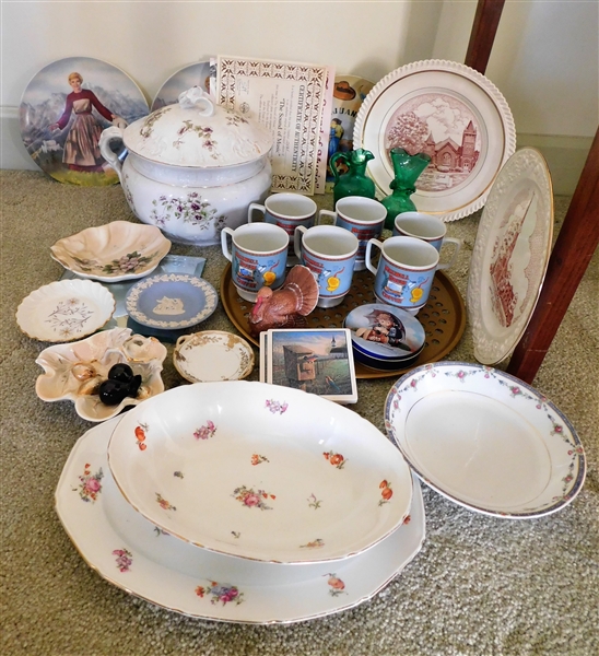 Lot of China and Glassware including Sound of Music Collectors Plates, Wedgewood, Hummel Coasters, Czechoslovakia China, Etc. - Large Lidded Piece is Damaged