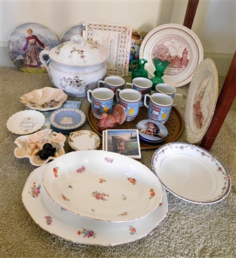 Lot of China and Glassware including Sound of Music Collectors Plates, Wedgewood, Hummel Coasters, Czechoslovakia China, Etc. - Large Lidded Piece is Damaged