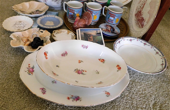 Lot of China and Glassware including Sound of Music Collectors Plates, Wedgewood, Hummel Coasters, Czechoslovakia China, Etc. - Large Lidded Piece is Damaged