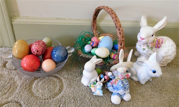Lot of Easter Decorations including Marble Eggs, Rabbit Figures, and Small Basket