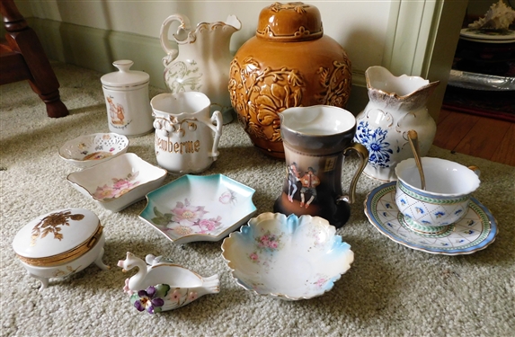 Lot of China and Glassware including Brown Ginger Jar with Lid, Cup and Saucer Set, Hand Painted Porcelain, and More