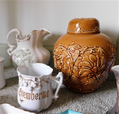 Lot of China and Glassware including Brown Ginger Jar with Lid, Cup and Saucer Set, Hand Painted Porcelain, and More
