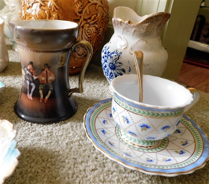 Lot of China and Glassware including Brown Ginger Jar with Lid, Cup and Saucer Set, Hand Painted Porcelain, and More