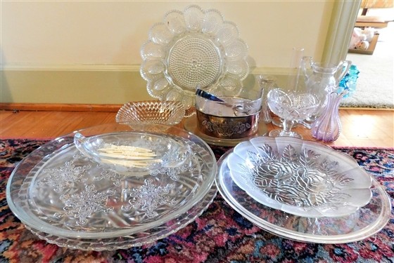 Lot of Clear Glassware Including Egg Plate, Vases, Platters, Etc. 