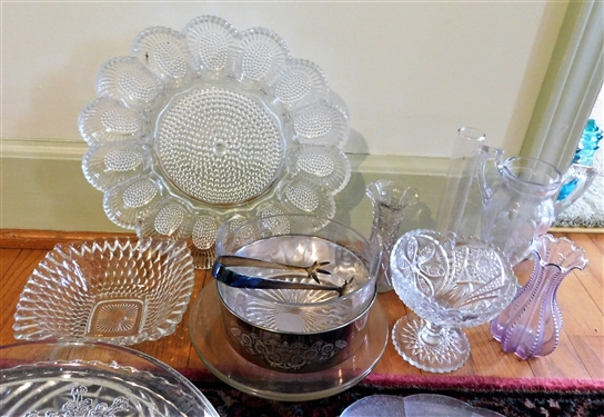 Lot of Clear Glassware Including Egg Plate, Vases, Platters, Etc. 