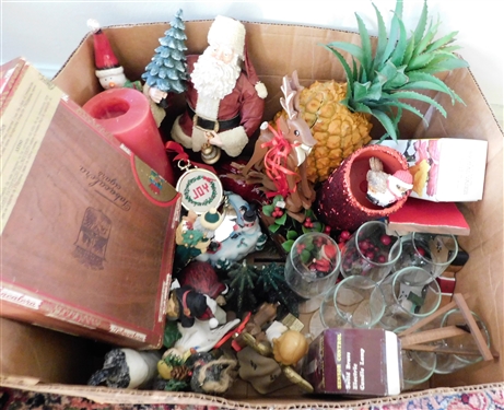 Box lot of Christmas items including Santa's, Pineapple, Glasses, Angels, Etc. 