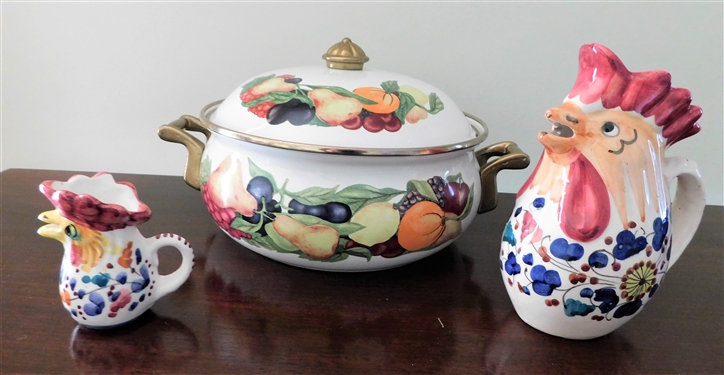 2 Deruta Italy Rooster Pitchers 6 3/4 and 3 1/4 and Fruit Pot 