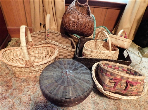 Lot of Baskets including Green Trim and Lidded Sewing Basket 