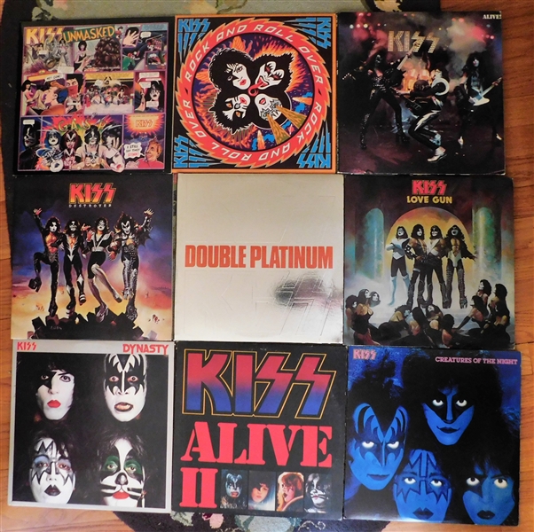 9 Original Kiss Albums including "Rock and Roll Over" " Double Platinum" Love Gun" Etc. - All in Excellent Condition 