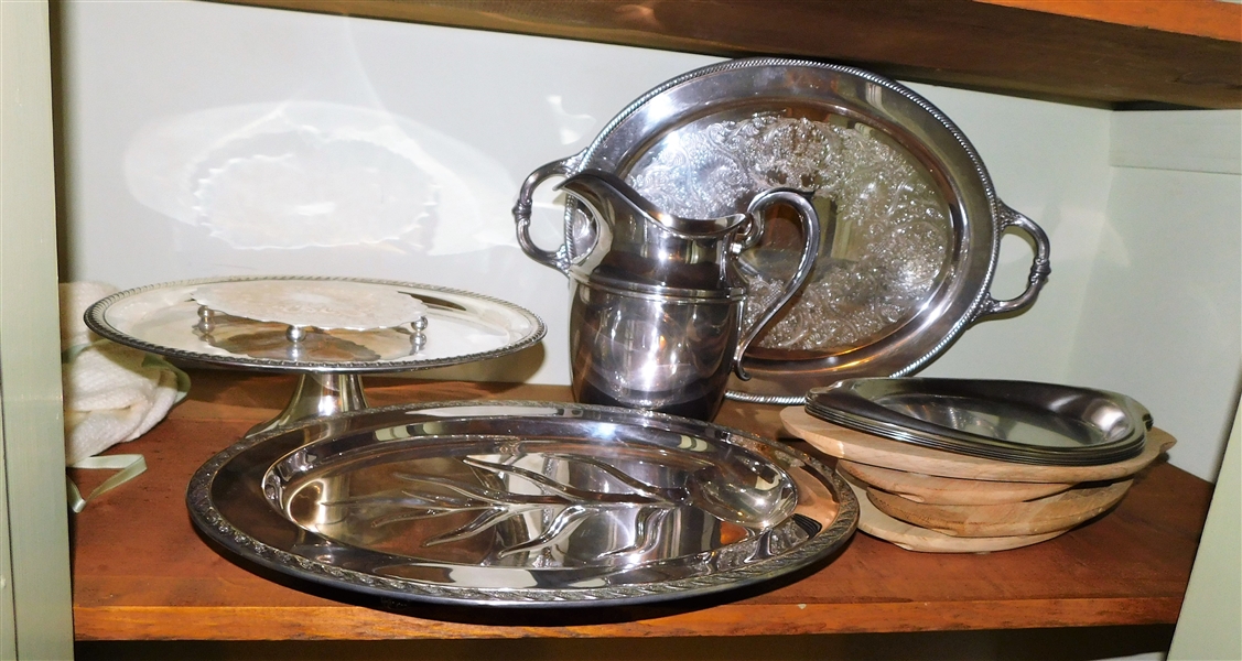 Lot of Silverplated Items including Cake Stand. Water Pitcher, and More