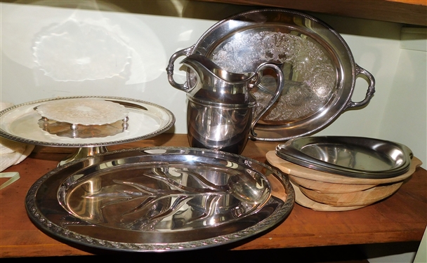 Lot of Silverplated Items including Cake Stand. Water Pitcher, and More