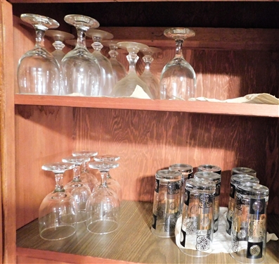 2 Shelves of Glassware including Gold Decorated, Wine Glasses, Etc. - 24 Total 