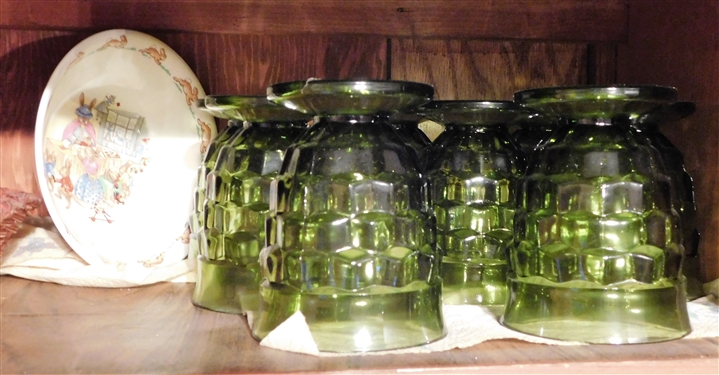 Olive Green Juice Glasses and 1 Peter Rabbit Cereal Bowl 