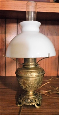 Fancy Brass Converted Oil Lamp with White Glass Shade