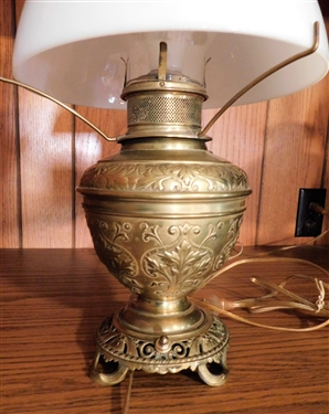 Fancy Brass Converted Oil Lamp with White Glass Shade