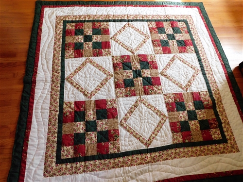 Commercially Made Hand Quilted Red, Cream, and Green Quilt -  87 by 88