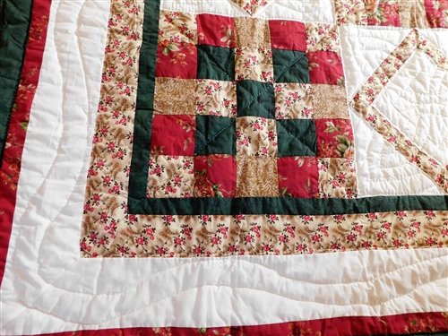 Commercially Made Hand Quilted Red, Cream, and Green Quilt -  87 by 88