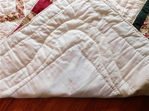 Commercially Made Hand Quilted Red, Cream, and Green Quilt -  87 by 88