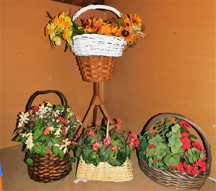 5 Baskets including Basket Plant Stand, and 3 With Floral Arrangements