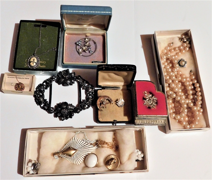 Lot of Jewelry including Sterling Silver, Pins, Silver Belt Buckle, Sorority Pin, Etc.