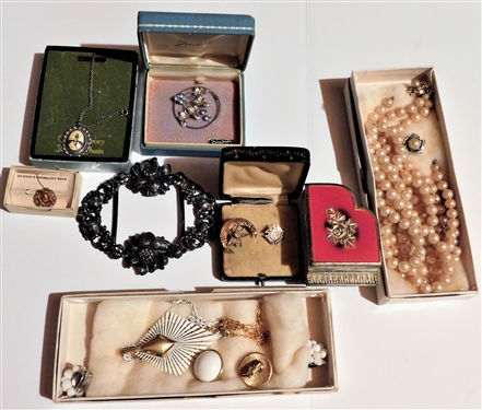 Lot of Jewelry including Sterling Silver, Pins, Silver Belt Buckle, Sorority Pin, Etc.