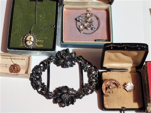 Lot of Jewelry including Sterling Silver, Pins, Silver Belt Buckle, Sorority Pin, Etc.