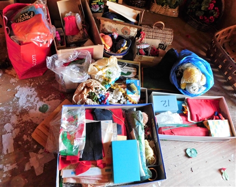Large lot of Sewing and Craft Items including Pin Cushions, Fabric, Felt, Trim, Scissors, Yarn, Etc.