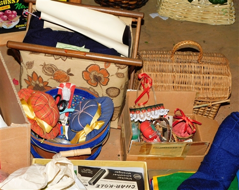Large lot of Sewing and Craft Items including Pin Cushions, Fabric, Felt, Trim, Scissors, Yarn, Etc.