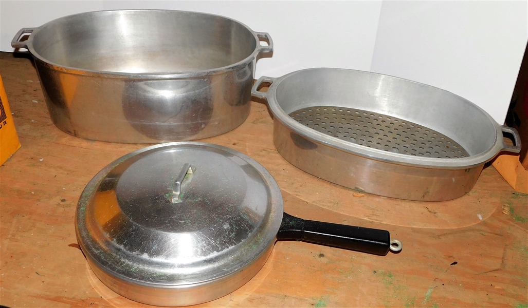 Miracle Maid Roaster without Lid, Round Frying Pan with Lid, and Extra Oval Pan 