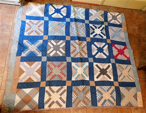 Blue Handmade Patchwork Quilt -Some Staining on Back and Fraying Along Edge - Measures 78 by 69: