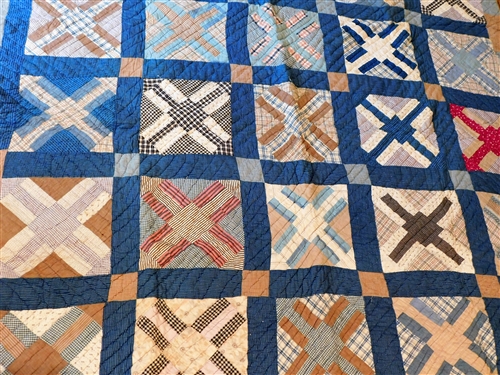 Blue Handmade Patchwork Quilt -Some Staining on Back and Fraying Along Edge - Measures 78 by 69: