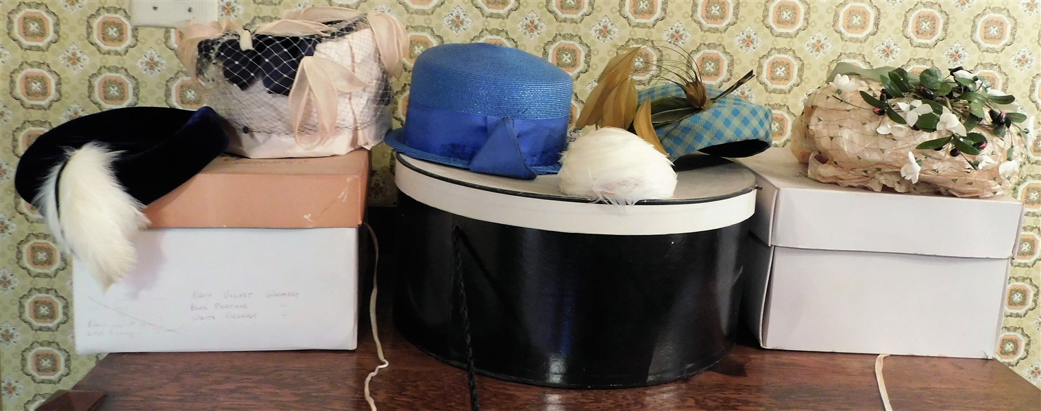 Lot of Fancy Womens Vintage Hats including Feather Fascinator, Hats with Flowers, and Others with Feather Details 