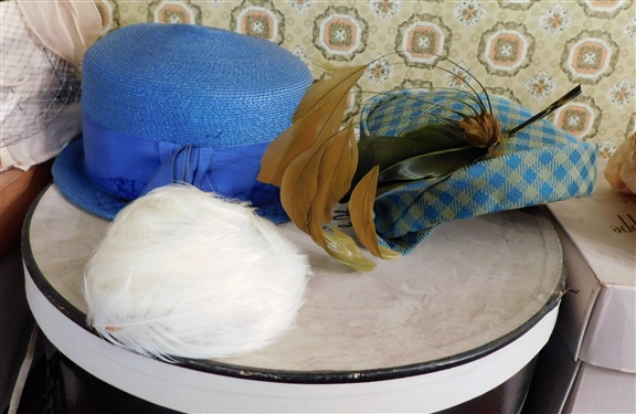 Lot of Fancy Women's Vintage Hats including Feather Fascinator, Hats with Flowers, and Others with Feather Details 