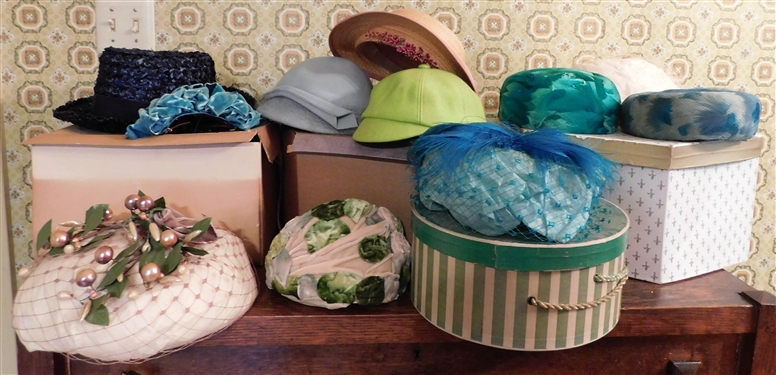 Lot of Vintage Women's Hats including Feathers, Wool, Felt, Straw, Etc.