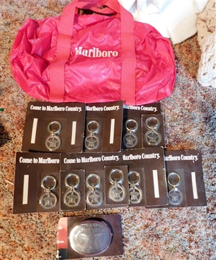 Lot of Marlboro Promo Items including Tote Bag, Belt Buckle, and Key Chains