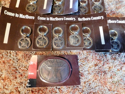 Lot of Marlboro Promo Items including Tote Bag, Belt Buckle, and Key Chains