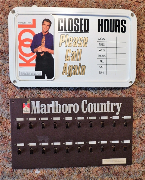 Kool Plastic Open and Closed Sign and Plastic Marlboro Country Number Hook Sign 