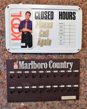 Kool Plastic Open and Closed Sign and Plastic Marlboro Country Number Hook Sign 