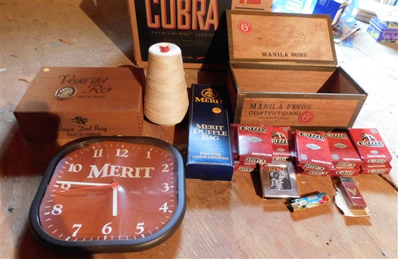 Grizzly Playing Cards, Merit Duffel Bac, Merit Clock, Kent Cards, Cigar Boxes, and String