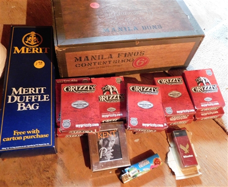 Grizzly Playing Cards, Merit Duffel Bac, Merit Clock, Kent Cards, Cigar Boxes, and String