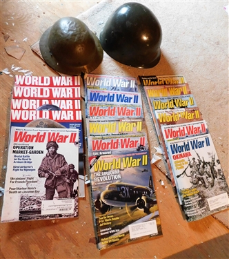 2 Military Helmets and Lot of World War II Magazines
