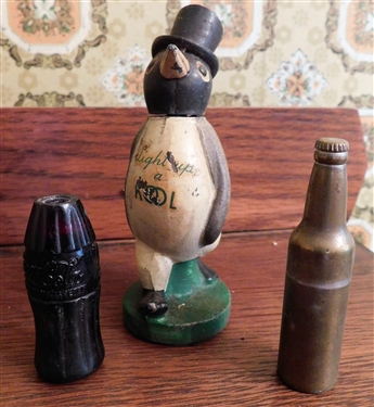 Kool Advertising Metal Penguin Lighter, Bottle Lighter, and Coke Lighter - Missing Top - Penguin is 4 1/2 tall 